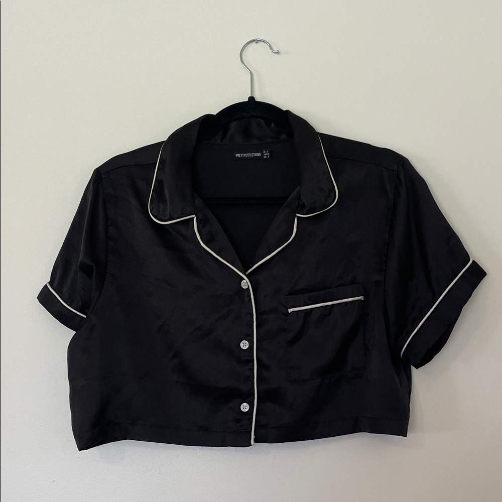 Black Satin Cropped Pajama Top